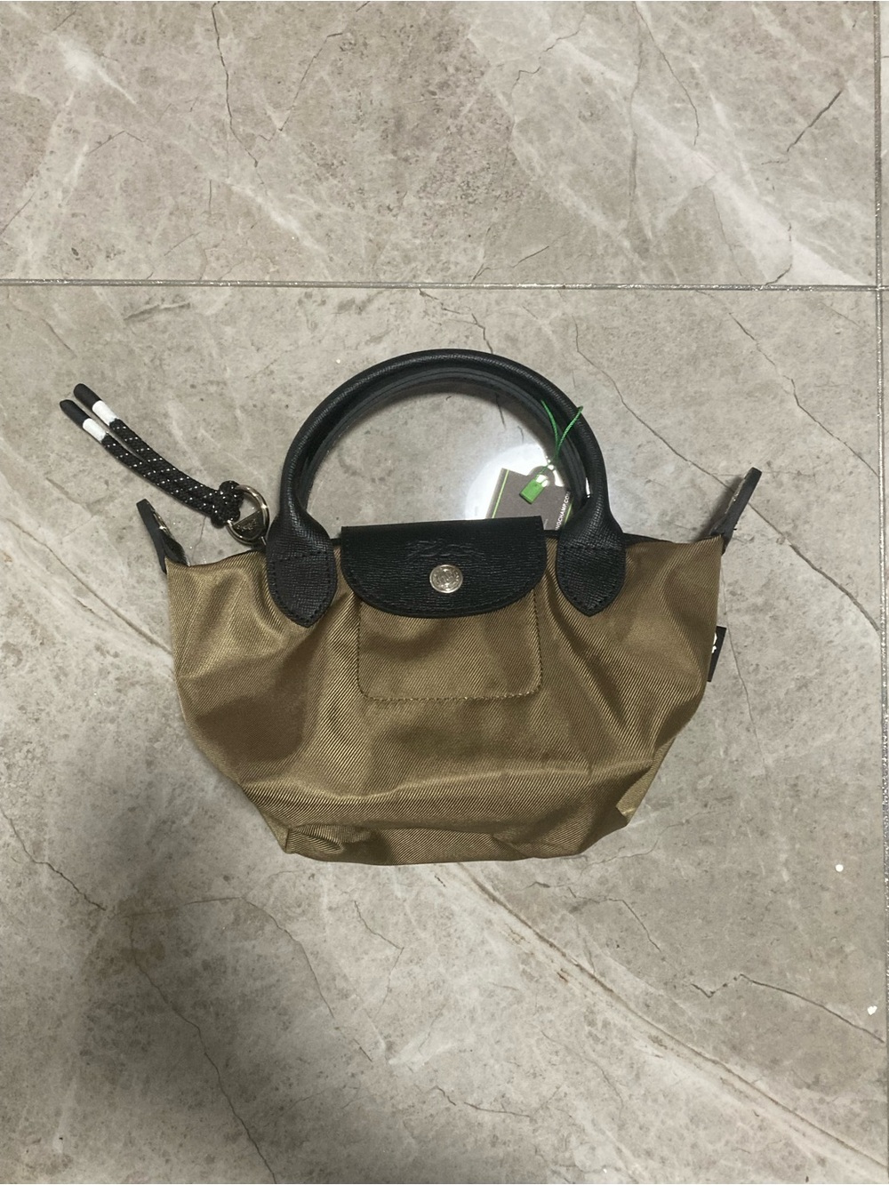 Longchamp Khaki Mini Le Pliage Top-Handle Bag with Black Trim